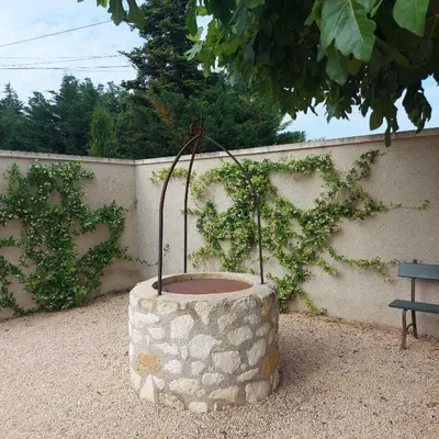 a tree in a pot sitting next to a wall at Mas Sourso in Eygalières