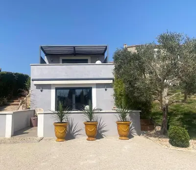 a house with three potted plants in front of it at Maison avec ses 2 terrasses et sa piscine in Eyragues