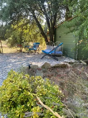 a yard with a blue bench and a green shed at La Bastide des Chênes Lacoste in Lacoste