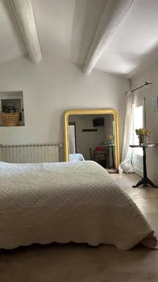 a bedroom with a bed and a large mirror at La Bastide des Chênes Lacoste in Lacoste
