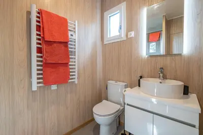 a bathroom with a toilet and a sink and a mirror at Le Chant des Pins Lodge & Spa Tour de Keyrié in La Mignarde