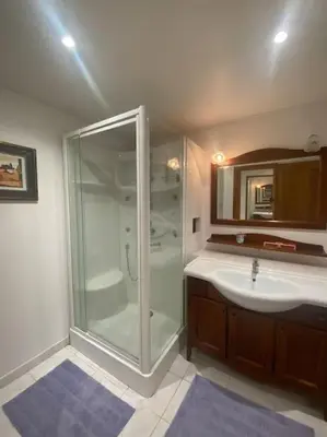a bathroom with a glass shower and a sink at T2 avec jardin et piscine privée in Velaux