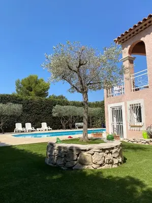 a tree in front of a house with a pool at T2 avec jardin et piscine privée in Velaux