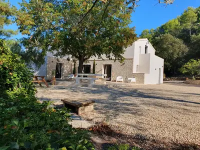 a building with a tree and benches in front of it at Mas du Tilleul - LUBERON in Cadenet