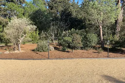 a park with two lights in the dirt with trees at Mas de charme avec piscine au coeur des Alpilles in Eygalières