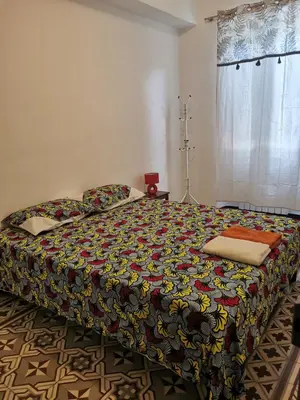 a bedroom with a large bed with a colorful blanket at Petit appart entier au cœur des REMPARTS - Netfix et connection fibre gratuits in Carpentras