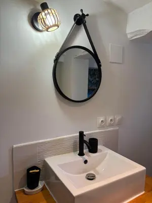 a bathroom with a sink and a mirror on the wall at Maisonnette rénovée en campagne in Velleron