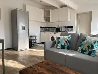 a living room with a gray couch and a kitchen at Maisonnette rénovée en campagne in Velleron