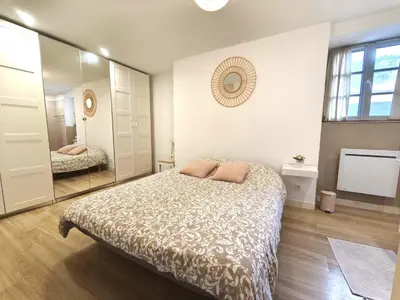 a bedroom with a large bed and a mirror at Appartement fontaine de Vaucluse in Fontaine-de-Vaucluse
