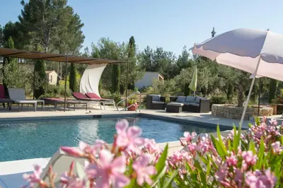 a pool with chairs and an umbrella and flowers at mas clair de lune in Saint-Rémy-de-Provence