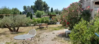 a table and chairs in a garden with flowers at mas clair de lune in Saint-Rémy-de-Provence