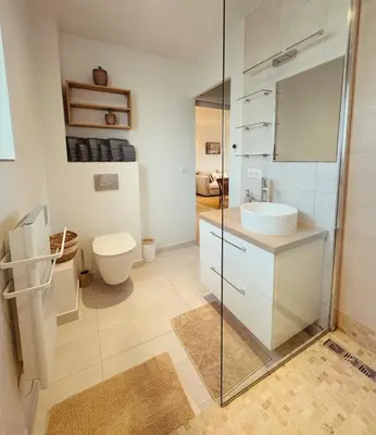 a bathroom with a toilet and a sink and a shower at ''' Impasse d'un Instant ''' 8min Aix - Clim & Parking in Venelles