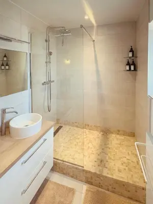 a bathroom with a glass shower and a sink at ''' Impasse d'un Instant ''' 8min Aix - Clim & Parking in Venelles