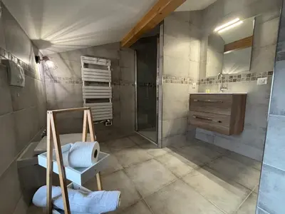 a bathroom with a shower and a sink at L’auberge de Montsalier in Montsalier
