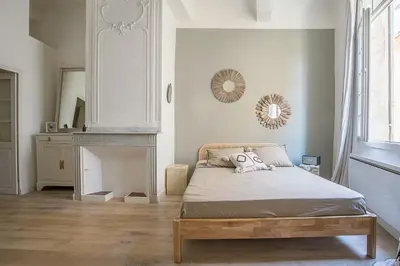 a bedroom with a bed and a fireplace and a mirror at Le Cocon Aixois in Aix-en-Provence