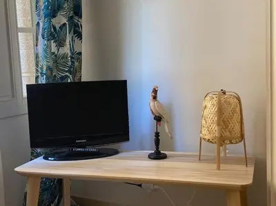a desk with a computer monitor and a bird on it at Le Fernandol by La Familia in Aix-en-Provence