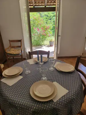a table with plates and wine glasses on it at Maison T4, campagne Provençale calme, tout confort in Lambesc