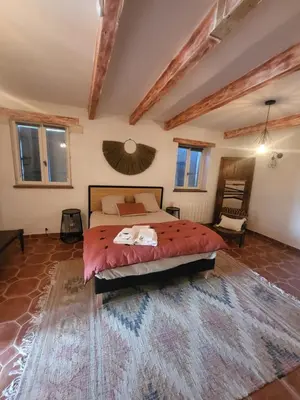 a bedroom with a large bed in a room with a rug at Les Pagnons in Velleron