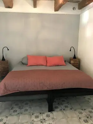 a bedroom with a large bed with two red pillows at Les Pagnons in Velleron