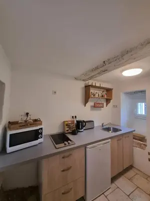 a kitchen with a sink and a microwave on a counter at ENTRE VENTOUX ET LUBERON Chambre d'hôte in Sault-de-Vaucluse