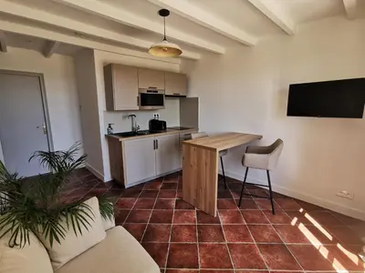 a living room with a table and a kitchen at LA GRANGETTE in Velleron