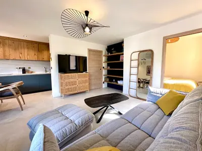 a living room with a couch and a table at Centre ville AIX - Terrasse / Ascenseur - Rénové in Aix-en-Provence
