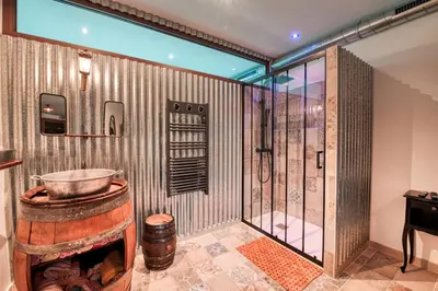 a bathroom with a shower and a large barrel at La Remise en Forme in Entraigues-sur-la-Sorgue