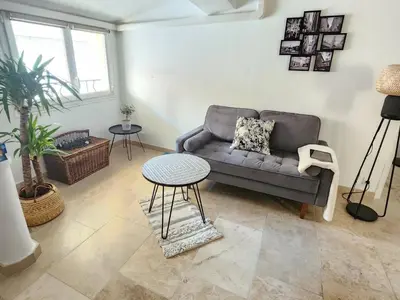 a living room with a couch and a table at Le Beffroi de Gaston Climatisé in Aix-en-Provence