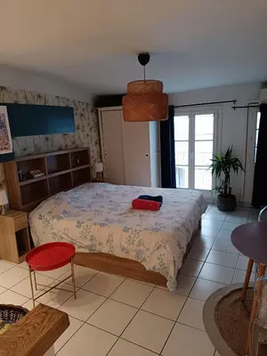 a bedroom with a bed with a red pillow on it at Studio cathédrale centre Aix-en-Provence in Aix-en-Provence