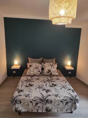 a bedroom with a large bed with two lamps at Maison de village avec exterieur in Lambesc