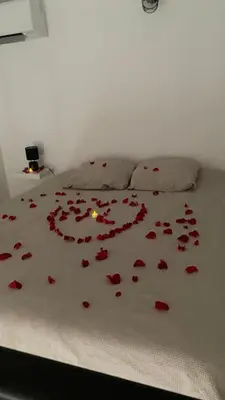 a bed with red rose petals on it at Cosy House in Carpentras