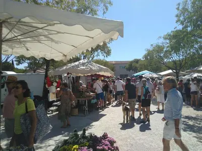 a crowd of people walking around an outdoor market at Gite LE PETIT LUBERON COQUELICOT in Coustellet