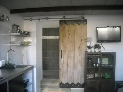 a bathroom with a shower with a wooden door at Appartement dans Mas Provencal in Grans