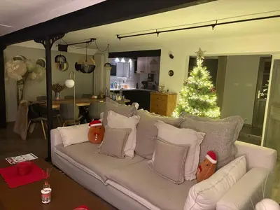 a christmas tree in a living room with a couch at Maison de ville spacieuse & cosy in LʼIsle-sur-la-Sorgue