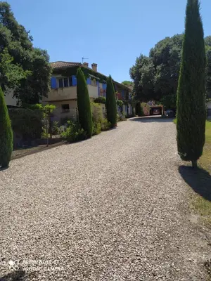 a driveway with cypress trees and a building at La maison de Nazig in Pertuis