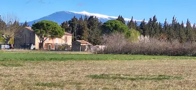 a house in a field with a mountain in the background at Loft en duplex au Mas de la Restanque in Monteux