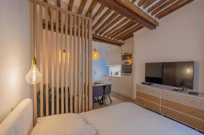 a bedroom with a bed and a television and a table at Appartement de charme in Aix-en-Provence