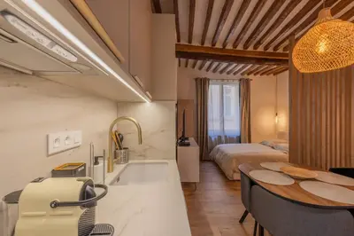 a kitchen with a sink and a table in a room at Appartement de charme in Aix-en-Provence