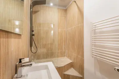 a bathroom with a shower and a white sink at Charmant T2 centre in Aix-en-Provence