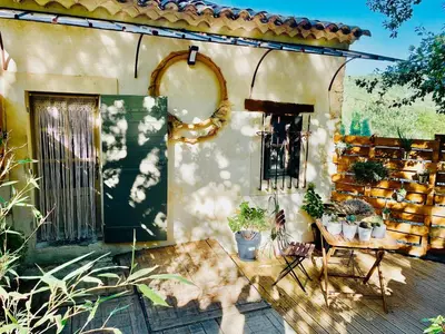 a patio with a table and some potted plants at Histoire de cru in Saignon