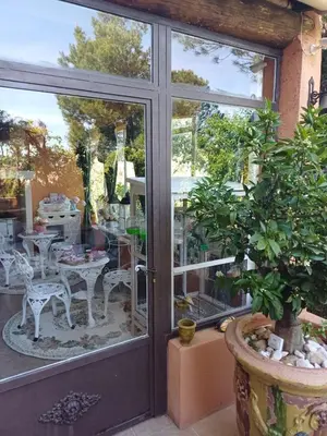 a glass door with a potted plant in front of it at Chambre d hôte Lavande 
