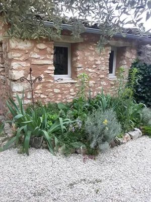 a garden with plants in front of a stone building at La maison du jardin in Rustrel
