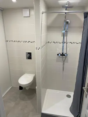 a bathroom with a toilet and a shower at Joli logement au pied des Alpilles in Eyguières