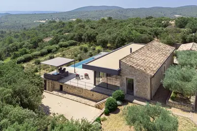 an aerial view of a house with a swimming pool at Villa Mirage luxury and design in Bonnieux in Bonnieux