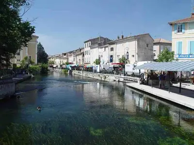 a river with ducks in the middle of a city at Gîte les coquelicots 2 Quartier résidentiel ( 2 * ) in LʼIsle-sur-la-Sorgue