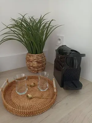 a basket with two cups and a toaster and a plant at La Suite du clocher in Noves