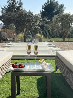 two glasses of wine sitting on a table at L'AMANDERAIE PISCINE PRIVEE à côté de LOURMARIN LUBERON in Cadenet