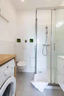 a bathroom with a toilet and a shower with a glass door at L'Isle en Blanc - 4 couchages - Hypercentre - Clim - Wifi in LʼIsle-sur-la-Sorgue