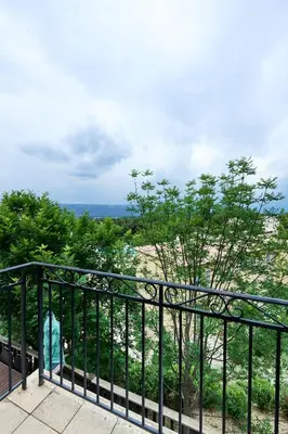 a balcony with a black railing and trees at Bastidon Golf de Pont Royal in Mallemort
