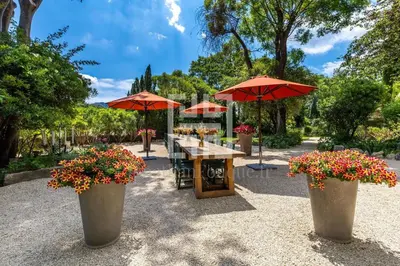 a patio with two green chairs and a table with flowers at Mas de L'Amarine in Saint-Rémy-de-Provence